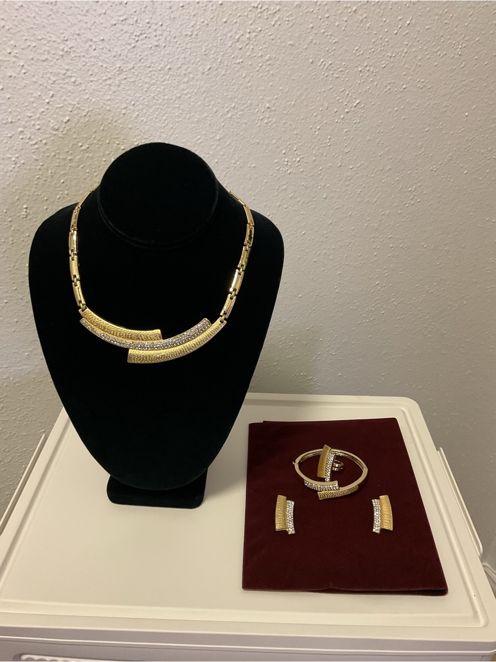 Gold-Tone Pave Curved Bar Necklace Set — Gold